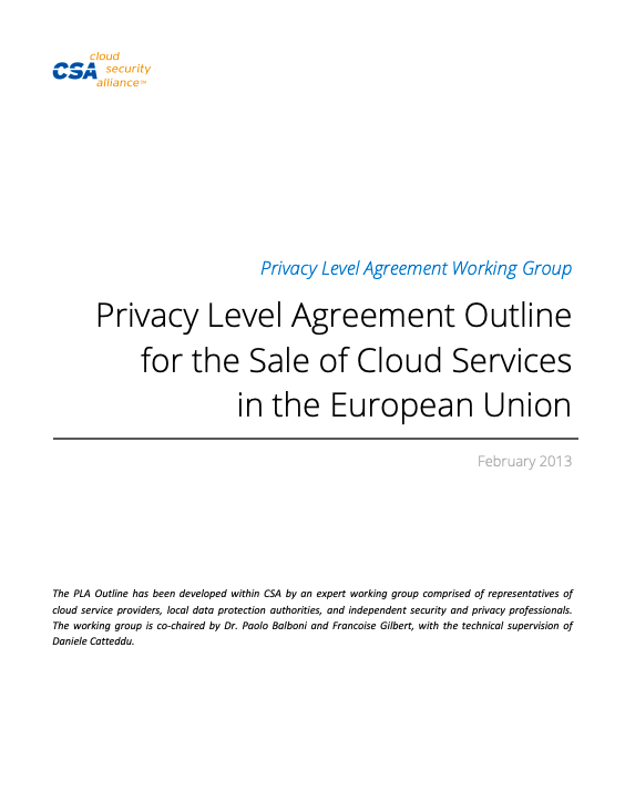Privacy Level Agreement (PLA) Outline for the Sale of Cloud Services in the European Union